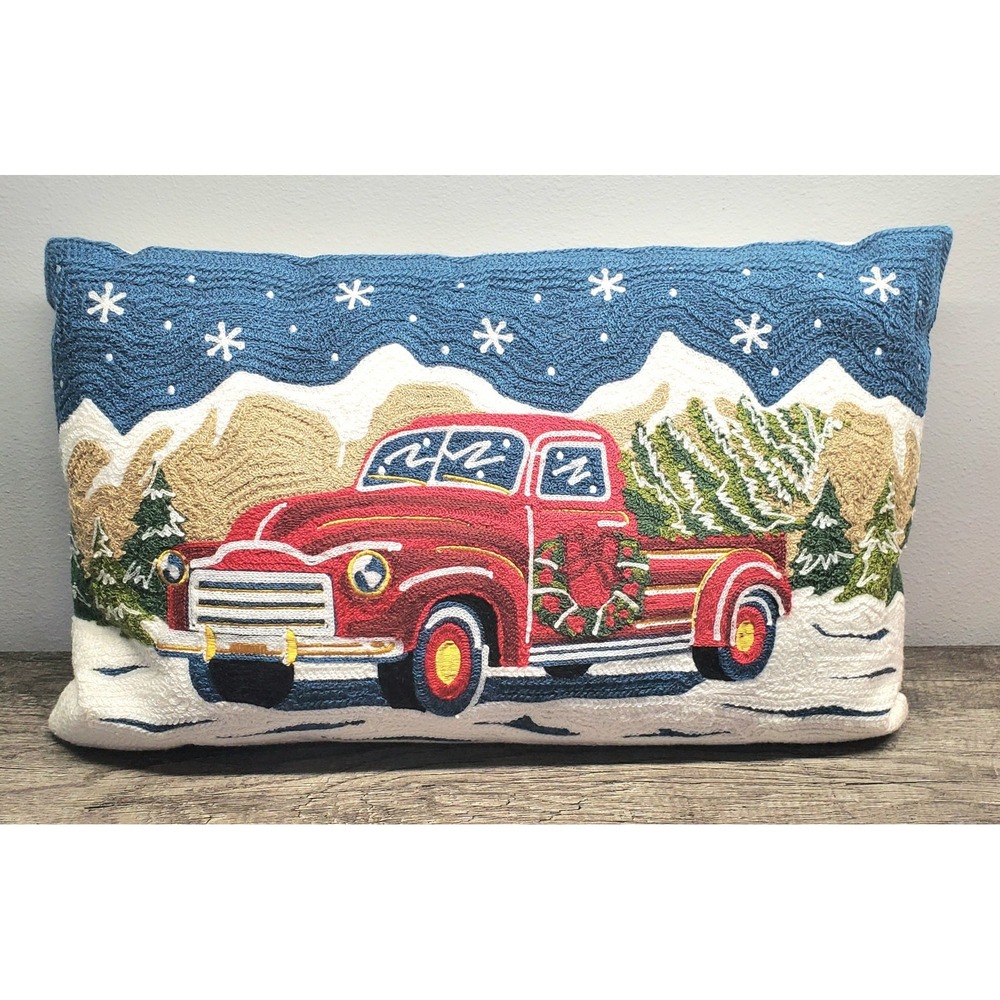 Living Quarters Red Truck Christmas Pillow Embroidered 12x21 Farmhouse Decor EUC